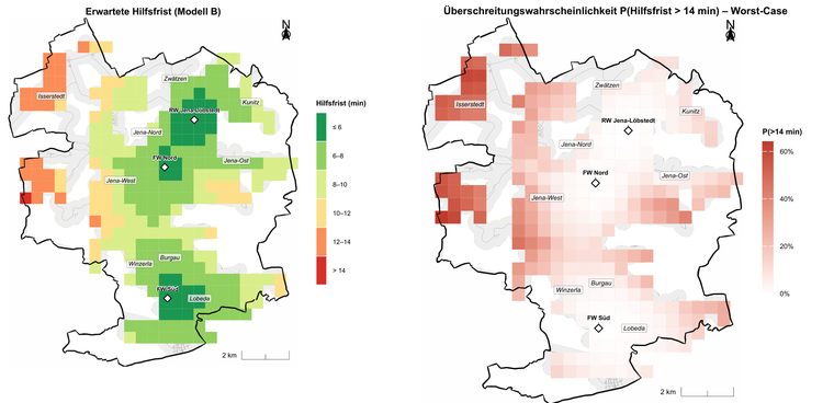 Zwei Karten der Stadt Jena: links die modellierte erwartete Hilfsfrist je 500-Meter-Rasterzelle, rechts die Wahrscheinlichkeit einer Hilfsfristüberschreitung über 14 Minuten im Worst-Case-Szenario